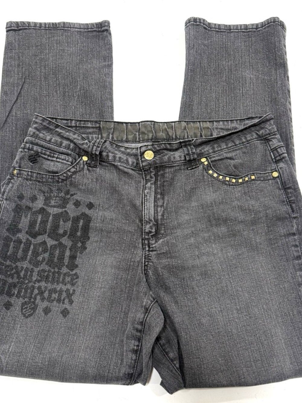 RocaWear Womens Size 18 Straight leg Jeans Faded Black Gold Studded Y2K MID Rise